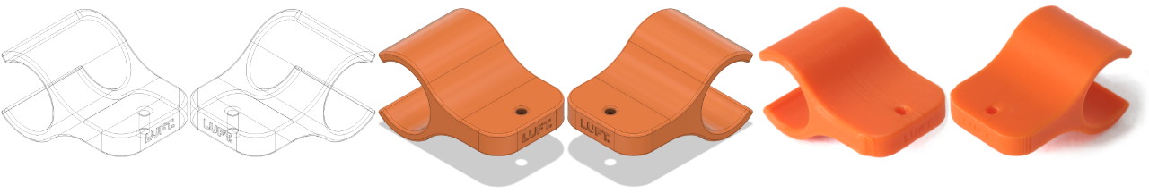 Wireframe drawing, CAD render and photo of 3D printed orange clip